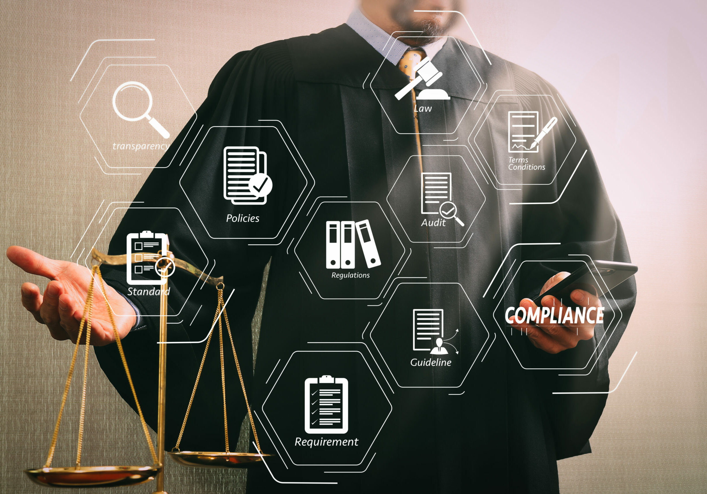 Compliance Virtual Diagram for regulations, law, standards, requirements and audit.Male judge in a courtroom with the balance scale and using smart phone